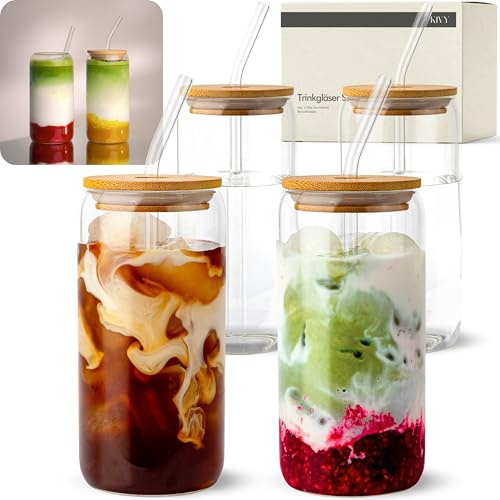KIVY Dricksglas med lock och sugrör [4 x 450 ml] iskaffe, vatten och matcha glas – longdrinkglas set – kaffe och matcha glas med lock och sugrör – kaffeglas – höga cocktailglas