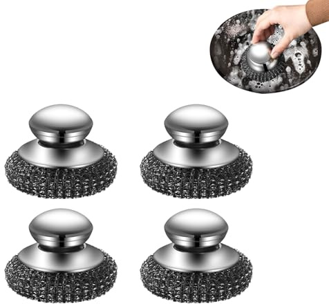 Stahlwolle Schwamm Küche Topfreiniger Edelstahl Stahlschwamm Set Edelstahl Drahtwaschl Topfschwamm mit Griff Edelstahlreiniger Metallschwamm Küchenreiniger Für Töpfe, Pfannen, Grills, Spüle (Bx4)