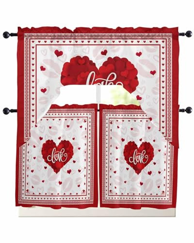 Xiidiekbish Romantic Love Heart Swag Kitchen Curtains Valance and Tier Set, Red Lips Red Boundary Light-Filtering Swag Valance 24 Inch Length, Rod Pocket Short Curtain for Bedroom Cafe