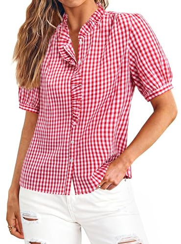 siliteelon Womens Plaid Shirts Gingham Top Short Sleeve Button Down Ruffle V Neck Dress Shirts Cotton Casual Work Blouse Red