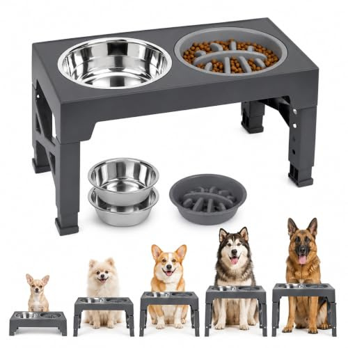 3-In-1 Raised Dog Bowl with Stand, Elevated Dog Bowl with 2 Stainless Steel Bowls 44oz + Non-Spill Slow Feeder 25 oz, 5 Height Adjustable Anti-Slip Raised Feeding Station for Large Dogs (Grey)