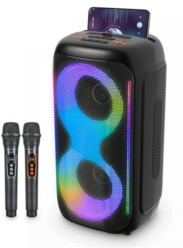 GKD40 Portable Karaoke Machine for Adults, Bluetooth Speaker with PA System, 2 Wireless Rechargeable Microphones, LED Party Speaker with 4' Woofers & LED Light for Home, Outdoor Party & Singing