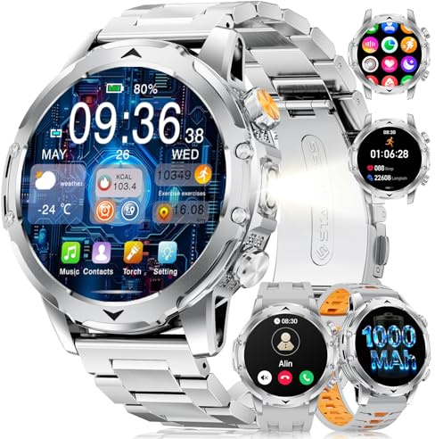 FitVigor Smartwatch Herren Militär-1000mAh Akku/3 Armbändern/1.53'' HD Display,Smartwatch mit Taschenlampe,120+ Sportmodi, Fitnessuhr mit Herzfrequenz/Schlafmonitor, für Android iOS, Silbernes