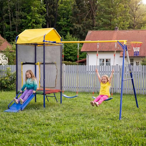 VIVCA Set da gioco multifunzionale per bambini all'aperto | Set altalena con trampolino, scivolo, rete di sicurezza e canestro da basket | Stabile struttura in ferro per il giardino.