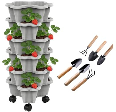 Générique Jardinière Verticale À Fraises Empilables À 6 Niveaux,Jardinière Tour A Fraise,Pot De Plantation Empilable À Plusieurs Niveaux avec roulettes,pour Fraises,Herbes,Fleurs (B)