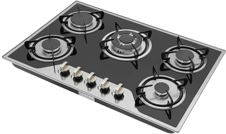 Deinungen Gaskochfeld 5 Flammig,3,2 kW, 2,75 kW, 1,75 kW, 1,75 kW, 1 kW | 77cm Glas Gasherd mit elektronische Impulszündung,5 Kochzonen Gas Kocher für LPG/NG,10450 Watt