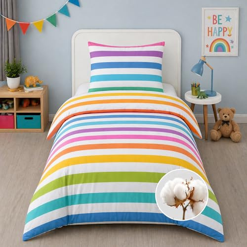 Buymax Kinderbettwäsche 135x200 cm – Regenbogen, 100% Baumwolle Renforcé, 1x Bettbezug 135x200 cm & 1x Kissenbezug 80x80 cm, Oeko-TEX Standard 100, weich & atmungsaktiv, mit Reißverschluss