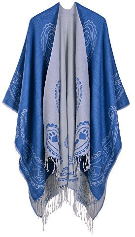 UK_Stone Poncho Damen Cape Trachtentuch Umhang Stola Schultertuch Klassischer Stil aus Acrylic mit Cashew-Blumenmuster Herbst und Winter, Himmelblau