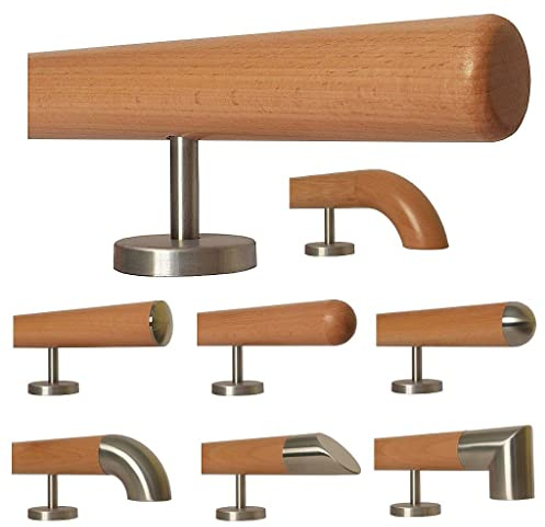 TIBU Buche Holz Handlauf für Treppe Geländer gerade Edelstahlhalter, Länge 30-500 cm aus einem Stück/zum Beispiel Länge 50 cm mit 2 gerade Halter und Enden Radius gefräst