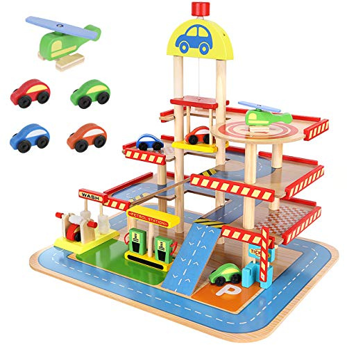 Tresice-france1 Jouet Parking Auto Garage en Bois avec Accessoires sur 3 etages