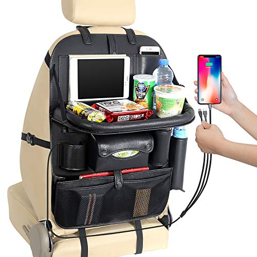 KUANDARMX dauerhaft Rücksitzorganizer Kinder Rückenlehnenschutz Auto Rücksitztasche Rückenlehnentasche mit klappbarem Esstisch Taschen Schwarz Geschenk