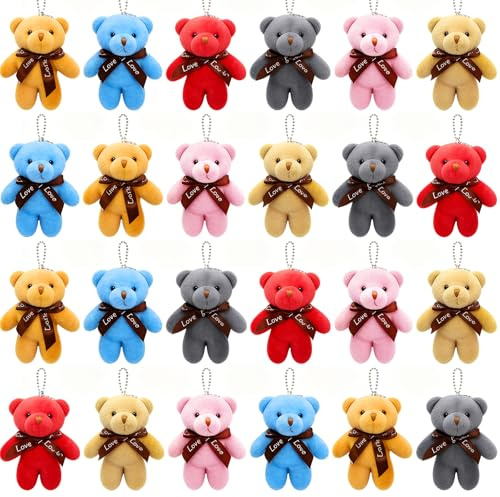 24 Packs Mini Teddy Bear Toy Plush Stuffed Bear Keychains for Kids Girls Boys, Small Stuffed Animal Bulk for Kids, Easter Basket Stuffers Carnival Prizes, School Gifts, Party Favor Goodie Bag