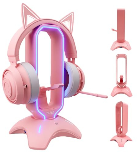 Tilted Nation Gaming Headphone Stand | Pink Headset Holder with RGB, Mouse Bungee and USB Hub | Cute Headphone Stand for Gamer Girl Accessories