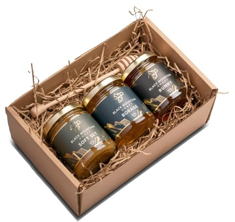 Black Mountain Honey Gift Hamper - 3 Jar Honey Set (Runny/Soft Set/Borage) - Plastic Free Compostable Packaging - 3 x 227g jars with presentation box