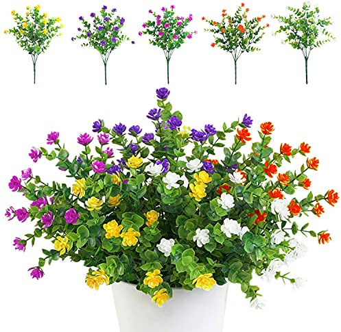 TSHAOUN 5 Stück Künstliche Blumen Unechte Blumen Deko Innen Draussen Pflanzen Sträucher Grün UV-beständige für Blumen Arrangement, Zuhause Garten Braut Hochzeit Party Dekor (Fünf Farben)