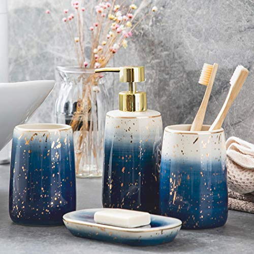 outer treasure Ceramic Badezimmer Zubehör,Badezimmer Accessoires 4-Teiliges mit Seifenspender Set,Gurgelbecher und Seifenschale (Gradient Blue)