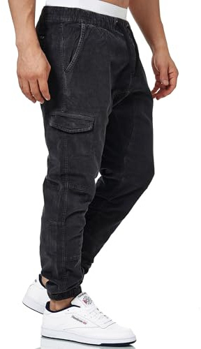 Indicode Hommes Walker Cargo Pants | Pantalon en Velours côtelé Stretch Black L