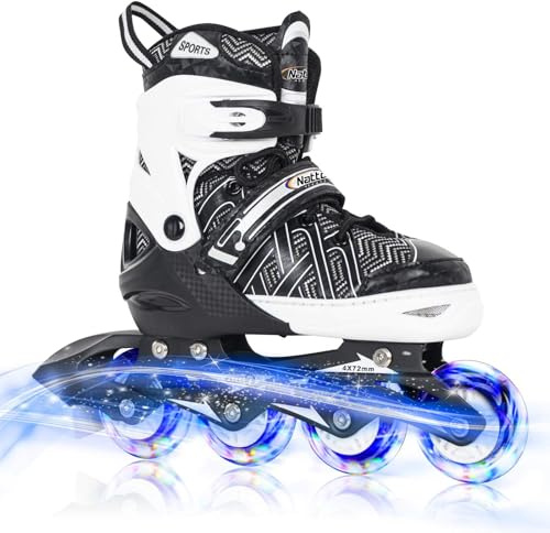 Nattork Adjustable Inline Skates for Kids Boys & Girls, Blue Black Red with Light up Wheels, Youth Blade Roller Skating for Beginners Ages 3-15 (Black Knight-1, Medium(US 1-4Y) Big Kids)