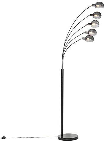 Qazqa Design Stehleuchte, Stehlampe - Sixties - Schwarz mit Rauchglas, max. 25W, Geeignet für LED, 5-flammig, 198cm, Ideal als Wohnzimmerlampe