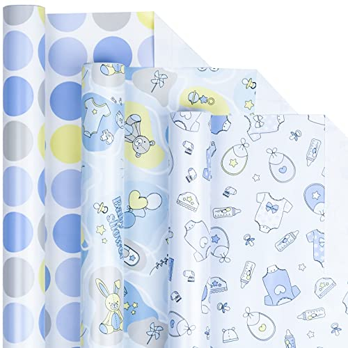 Holijolly Blaue Geschenkpapierrolle - Bär/Ballon, Baby/Polak Dot Print für Baby Shower, Junge- 44.5x305cm x 3 Rollen (43.77 sq.ft.ttl.)