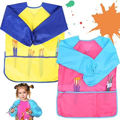 YOUYIKE Malschürze Kinder, 2 Stücke Malkittel Bastelschürze 2-7 Jahre,Wasserdichte Langarm Malkittel kinder mit 3 Taschen für Schule Kunst Malerei, Kochen,Essen,Laboraktivität (1 rosa+ 1 gelb)