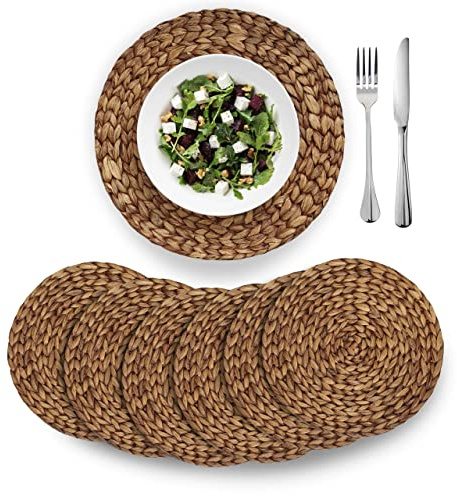 BARIEN Brown Woven Placemats Round Set of 6, Natural Water Hyacinth Weave Placemat for Dining Table, Large Handmade Woven Placemats Heat Resistant Non-Slip (14)