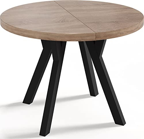 WFL GROUP Designer Runder Ausziehbarer Esstisch - Loft-Stil, Industriell, Platzsparend - Schwarze Beine - 100 bis 150cm - für 5-8 Personen - Hergestellt in EU - Sonoma Eiche - 150 cm