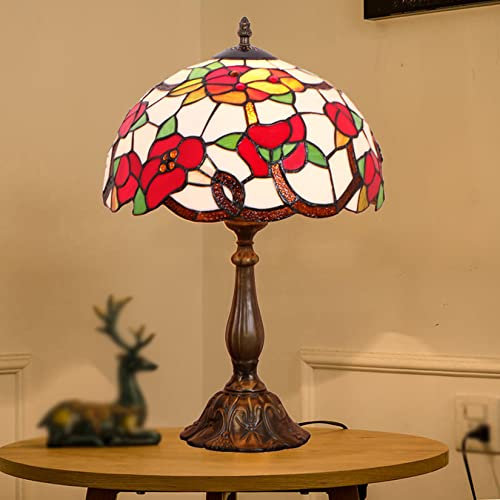 AIBOTY Tischlampe im Tiffany-Stil für Schlafzimmer, 12-Zoll-Schreibtischleuchten aus Buntglas mit Blumenmuster Rote Morning Glory Leselampe für Wohnzimmer Café Bar, Harzsockel