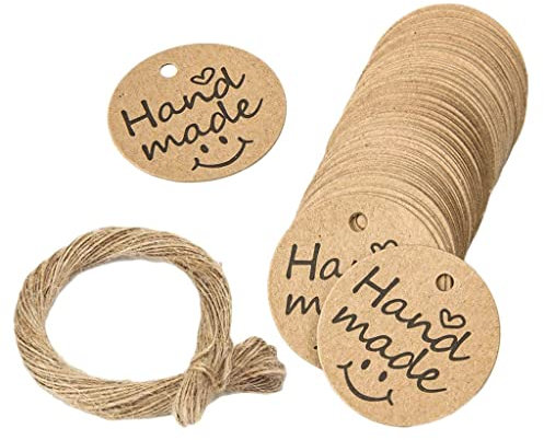 Duiaynke Runde Papieretiketten, 100 Stück, braune Kraftpapieranhänger mit Jute-Schnur, 3,1 cm, runde Etiketten, Hochzeit, Party, Weihnachten, Nachrichten, Karten, Geschenketiketten