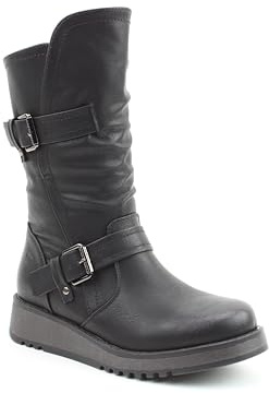 Heavenly Feet Hannah4 Ladies Mid Calf Boots – Vegan Friendly Womens Casual Boots with Twin Buckle Straps, Side Zip & Memory Foam Insole, Comfortable Low Wedge Boots for Women, Black Size 5