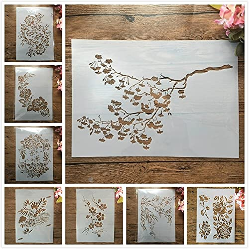 FOSANGPUSHI Wiederverwendbare Malstencils, 8 Stück, A4, 29 cm, Blumen, Blätter, Zweige, DIY-Schablonen zum Malen auf Holz, Leinwand, Stoff, Wand, Möbel, DIY Heimdekoration