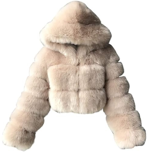 PengGengA Syntetisk Pälsrock För Kvinnor Mjuk Plysch Coat Med Huva Syntetisk Päls Cardigan Kort Jacka Crop Top Långärmad, Beige, L