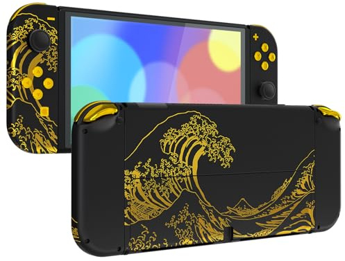 eXtremeRate Full Hülle für Nintendo Switch OLED Joy Con/Console, Custom Case Shell & Buttons & Kickstand Set, DIY-Ersatz Abdeckung für Switch OLED Joycon/Konsole-Groß Goldene Welle Schwarz