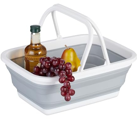 Relaxdays Faltkorb mit Henkel, 8 L, tragbarer Picknickkorb, Camping & Abwasch, HxBxT: 15,5 x 38,5 x 28,5 cm, weiß/grau