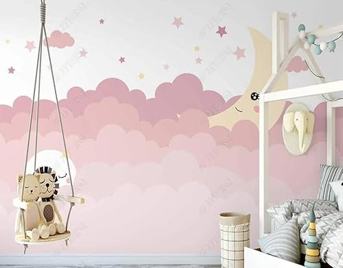 Fototapete 3D Effekt Tapeten 3D Handgezeichnete Rosa Wolken Mond Sternenhimmel Kinder Tapete Fototapeten Vlies Wandtapete Wohnzimmer Schlafzimmer Wand Schmücken 300Cm(W)*210Cm(H)