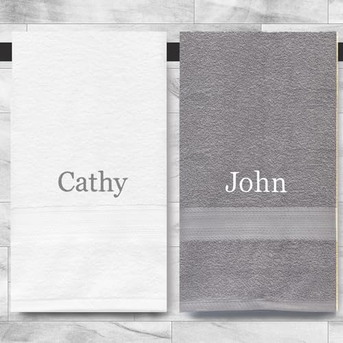 Custom Monogrammed Personalized Embroidered Hand Towels with Names Set of 2-100% Cotton 16”x28” Soft Absorbent Hotel Spa Quality Towels for Bathroom Gym Dorm-Personalized Gift with Names (White-Gray)