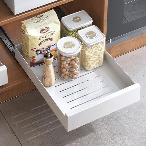 Kitstorack Teleskopschublade, Ausziehbare Schubladen-Aufbewahrungsregale für Küchenschränke, Ausziehbare Ausziehbare Schublade, Slide out Cabinet Organizer, Weiß, 43 Tiefe x 30 Breite x 8 Höhe cm