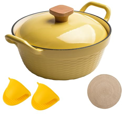 DYHQQ Dutch Oven Enamelled Cast Iron Casserole Dish 22 Cm Round Dutch Oven Pot with Enamel Coating with Lid And Anti-Scald Accessories 2L Safe for All Stovetops,Yellow