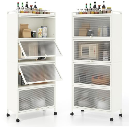GOPLUS Küchenregal auf Rollen, Küchenschrank mit 5 Ebenen, Aufbewahrungsregal mit Tür, Standregal aus Metall für Wohnzimmer, Küche, Esszimmer, 60x32x154 cm (Weiß)