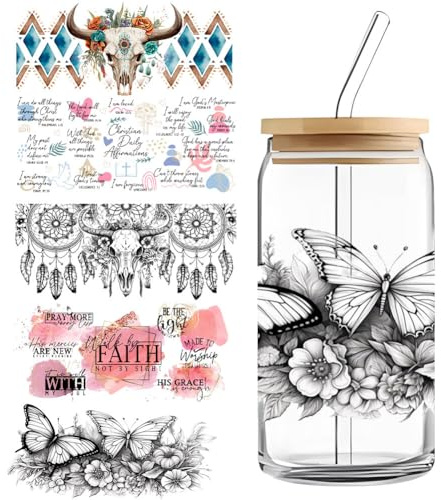 ISAKEN 5 Blätter UV DTF Transfer Sticker Aesthetic Aufkleber Tasse Wrap Transfer Sticker Transfer Decals Wasserfeste Rub on Transferaufkleber Becher Wickeln Transfers Sticker für Glas Tassen