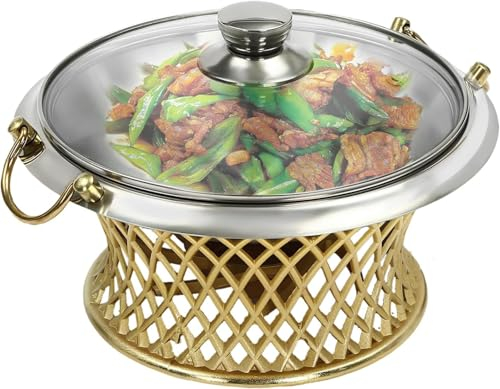 Rund skavskål Bufféset, skavskål, 11-tums bärbar rulltopp i rostfritt stål Buffévärmare med kokkärl och bränslehållare for cateringevenemang Fester Bröllop Middagar(Gold)