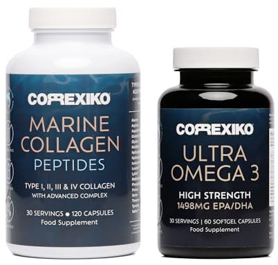 CORREXIKO Marine Collagen Capsules & Ultra Omega 3 Supplement Bundle - 2000mg Hydrolysed Collagen Peptides with Vitamins - High Strength Omega 3 Capsules - for Hair, Skin & Nails - 30 Day Supply