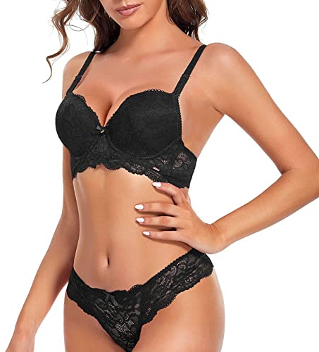 SHEKINI Damunderkläder underkläder spets bygel-bh avtagbara axelband elegans push up bh och string set med 2 delar, Svart, 6017, 75C