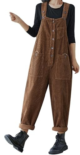 Corduroy Overalls for Women Adjustable Straps Bib Corduroy Jumpsuit Romper Harem Pants Loose Fit Casual Baggy Solid Corduroy Bib Dungarees Overall Cord Jumpsuits Sleeveless Wide Leg Trousers