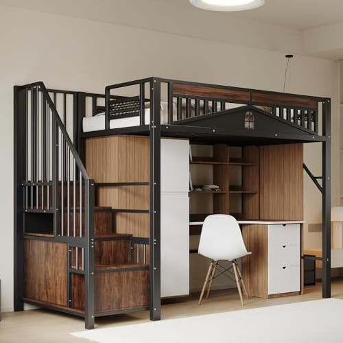 Zepneiy Lit Mezzanine en métal 90x200, Lit Mezzanine Simple avec barrière de sécurité Unique,Lit Cadre en Fer, échelle de sécurité avec Rangement, Noir (Matelas Non Inclus)