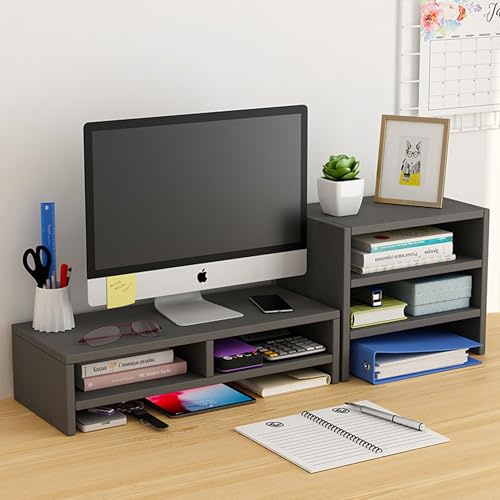 Azatemgo Support d'écran d'ordinateur en bois avec étagères de rangement pour ordinateur portable, ordinateur, notebook, iMac, PC - Noir