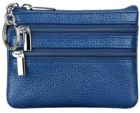 Portefeuille pour Femme en Cuir Véritable avec Anneau Porte-clés,Mini Porte Monnaie Cuir,Minimalisme Urbain Coin Purse Wallet pour Homme,Petit Portemonnaie avec Porte-clés et 3*Compartiments (Bleu)