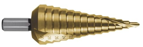 Stufenbohrer HSS-TiN aus nitridbeschichtetem Stahl, ideal zum Bohren von Metall- und Kunststoffmaterialien.
