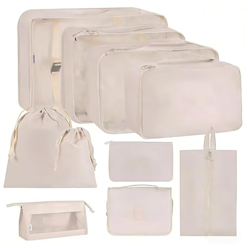 Tking Koffer Organizer Set-10 Stück, Packing Cubes für Reise, Organizer Suitcase Kleidertaschen Schuhbeutel Kosmetiktasche, füR HandgepäCk Koffer und Rucksack(Beige-Unkomprimierbar, 10 Teilige/Set)