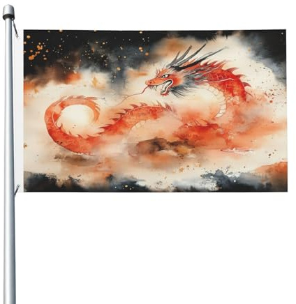 Drapeau chinois Loong peint à double face de 0,9 x 1,5 m – Bannière robuste d'extérieur et de jardin, parfaite pour chambre à coucher et jardin
